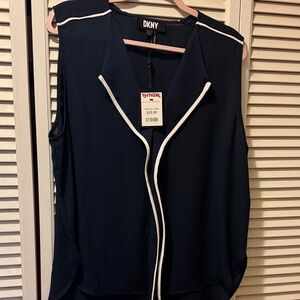 DKNY Women's Navy Blouse with White Trim ~ New With Tags XL
